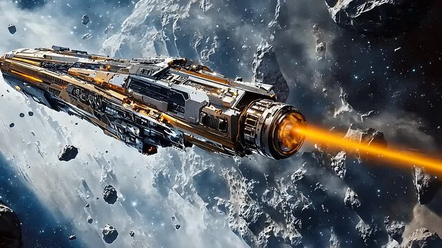 Futuristic spaceship navigating through an asteroid field, showcasing advanced technology and exploration