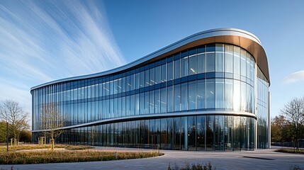 Fototapeta premium Futuristic Curved Architectural Building, Futuristic architectural building with curved, flowing design and glass facade