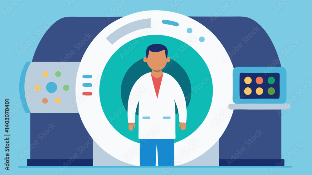 Poster technician at control panel a medical tech shown from the side standing in front of a large mri mach