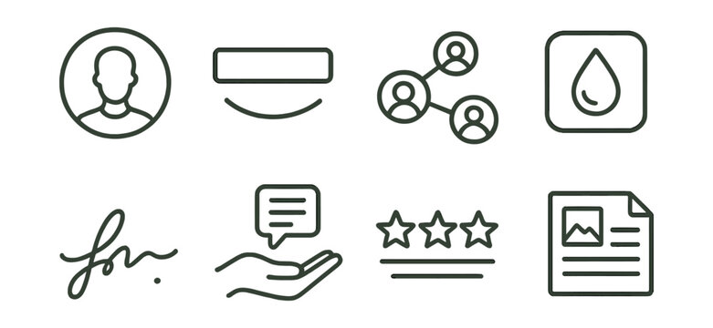 Set of icons: user profile, alt key, network, drop, signature, hand with chat bubble, rating stars, document.