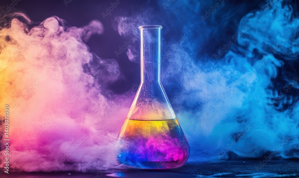 Poster colorful liquid in a flask surrounded by vapor in a laboratory setting