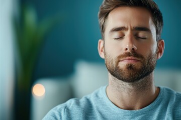 Obraz premium A man with a beard is sitting calmly with his eyes closed, exuding a sense of tranquility and mindfulness in a softly lit environment.