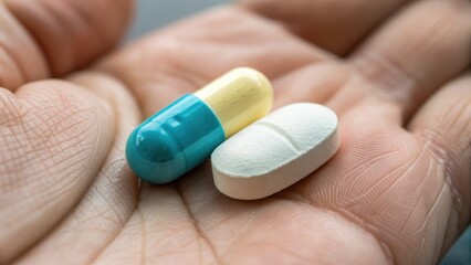 cough relief tablet infection Concept. Close-up of a hand holding two different types of pills, one capsule and one tablet.