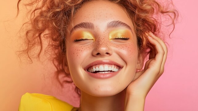 Bright and cheerful portrait of a young woman with curly hair enjoying a sunny day with vibrant makeup