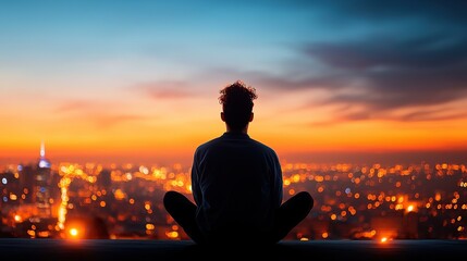 A person sits on a ledge, gazing over a city skyline at sunset, surrounded by vibrant lights and a colorful sky.