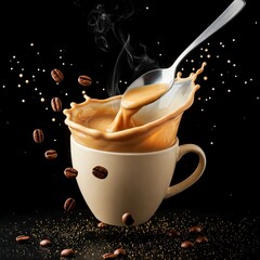 Splashing cup of coffee with milk, steam, spoon, and coffee beans on black. Aromatic hot beverage.

