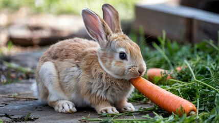 Fototapeta premium Charming fawn colored rabbit eyes a bright orange carrot in soft light.