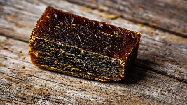 Close-up of a block of quince cheese or caramelized fruit paste on a rustic wooden surface, showcasing its texture and dark amber color