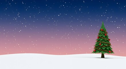 Obraz premium Snowy landscape with decorated Christmas tree under colorful sky at twilight Generative AI