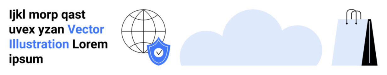 Globe, cloud, shield with a check, shopping bag representing communication, data security, and e-commerce. Ideal for cybersecurity, cloud tech, global trade shopping digital services apps simple