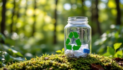 Recycling action in nature forest environment glass jar with paper waste eco-friendly concept
