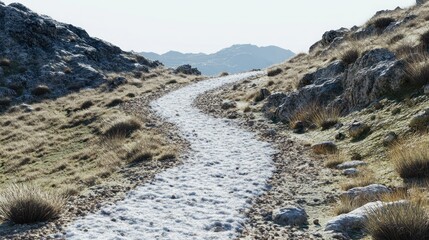 A winding path covered in snow through a mountain landscape