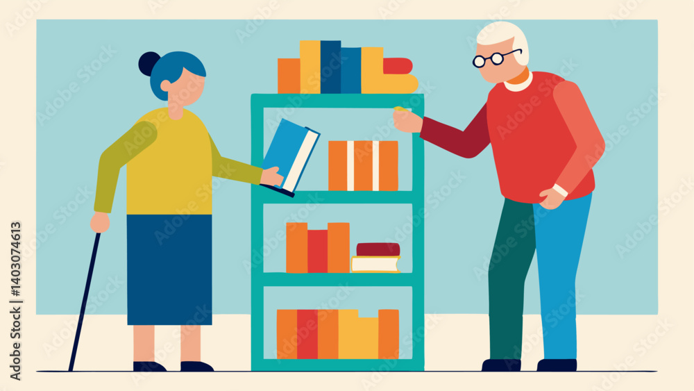 Poster Library Support A senior with visual impairment using a magnifying tool to sort books on a shelf as another volunteer hands them books and offers assistance.