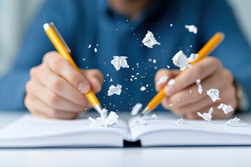 A person is writing in a notebook, with crumpled paper flying around, symbolizing creativity and frustration in the writing process.