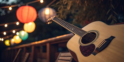 A waiting acoustic guitar under warm evening lights, ready for a summer night's serenade on a cozy patio.