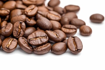 Fototapeta premium Roasted coffee beans close-up, isolated white background; for food, beverage, or cafe websites