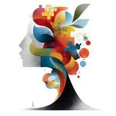 figure with floating puzzle pieces around their head, symbolizing the process of solving mental health struggles.


