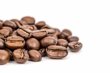 Roasted coffee beans close-up, studio shot, white background, food product