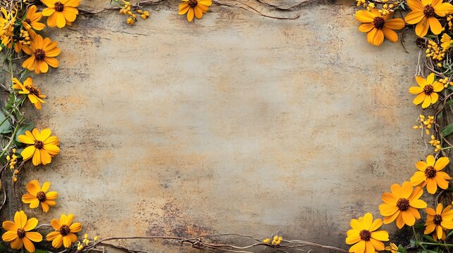 Decorative Coreopsis floral decorative border with yellow flowers and delicate vines creating a charming frame around a rustic background