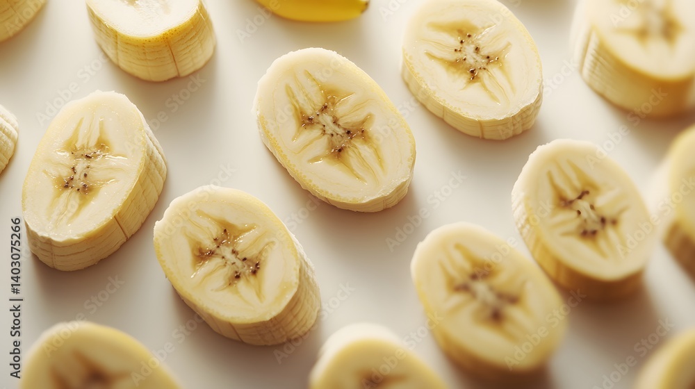 Poster a flatlay showcasing multiple banana slices arranged in rows on a white background. the image featur