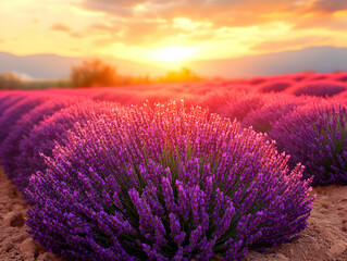Fototapeta premium Purple flower field sunset