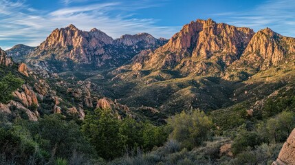 Naklejka premium Beautiful mountain range landscape with lush vegetation and clear skies