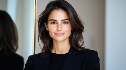 Confident woman with long dark hair smiles in front of a mirror, wearing a black outfit in a well-lit, modern environment.