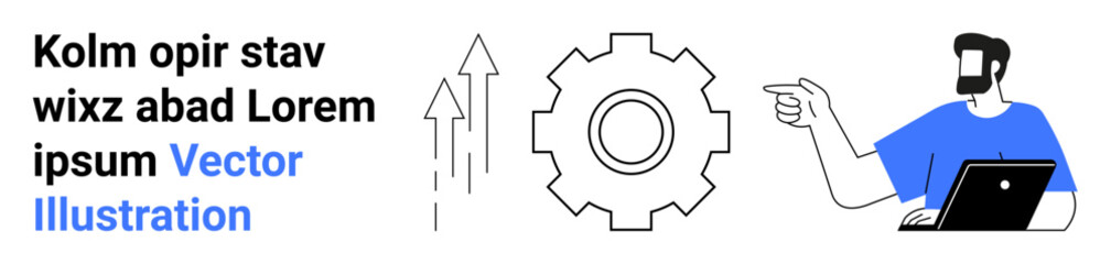 Gear representing process, arrows for progress, and man pointing to ideas. Ideal for teamwork, productivity, innovation, career growth, design thinking, education flat landing page banner