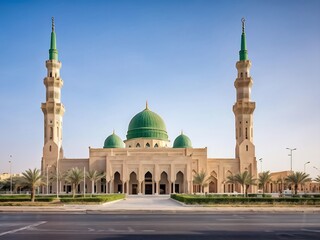 A Modern Mosque with Two Tall Minarets and a Green Dome