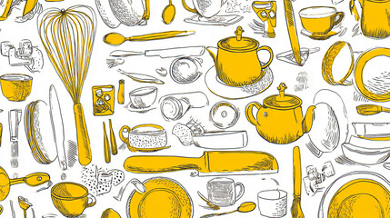 Sketchy kitchenware pattern, yellow and white, featuring teapots, cups, plates, and utensils.  Illustrative style, suggesting culinary themes, recipes, or cooking blogs