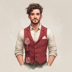 Obraz premium エレガントな服装をしたスタイリッシュなウェイターが、シンプルな背景の前でグラスを持っている