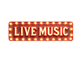 Retro "Live Music" Sign with Lights, transparent background.