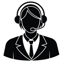 Customer Service Representative Icon: Black & White Vector Illustration of Support Agent with Headset in Formal Attire