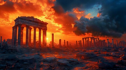 Obraz premium Ancient ruins bathed in orange glow during a dramatic sunset.