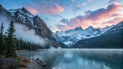 Fototapeta premium Nature landscape with mountain lake at dawn in Alberta, Canada