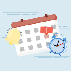 Date and time marking concept for event reminders. Calendar with clock for appointment schedule, deadline event days, vacation planning. Flat style illustration.