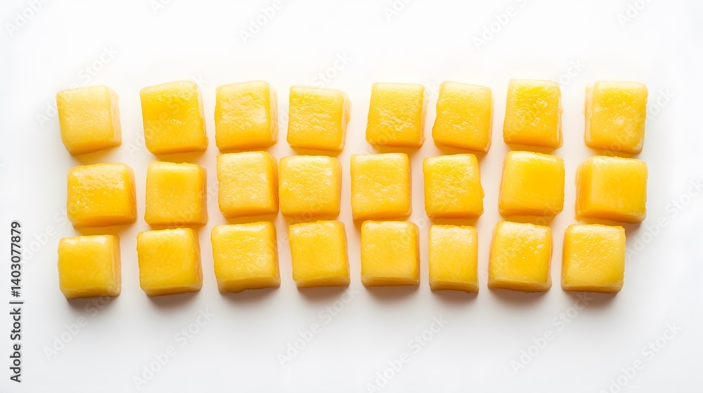 Poster top view of twenty-four golden yellow, square-shaped, frozen mango cubes arranged neatly in rows on 