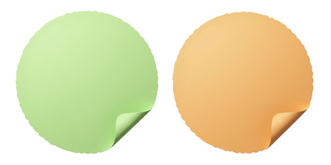 Round Stickers, Green & Orange, Curled Corner, Transparent Background.