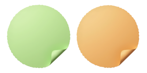 Round Stickers, Green & Orange, Curled Corner, Transparent Background.