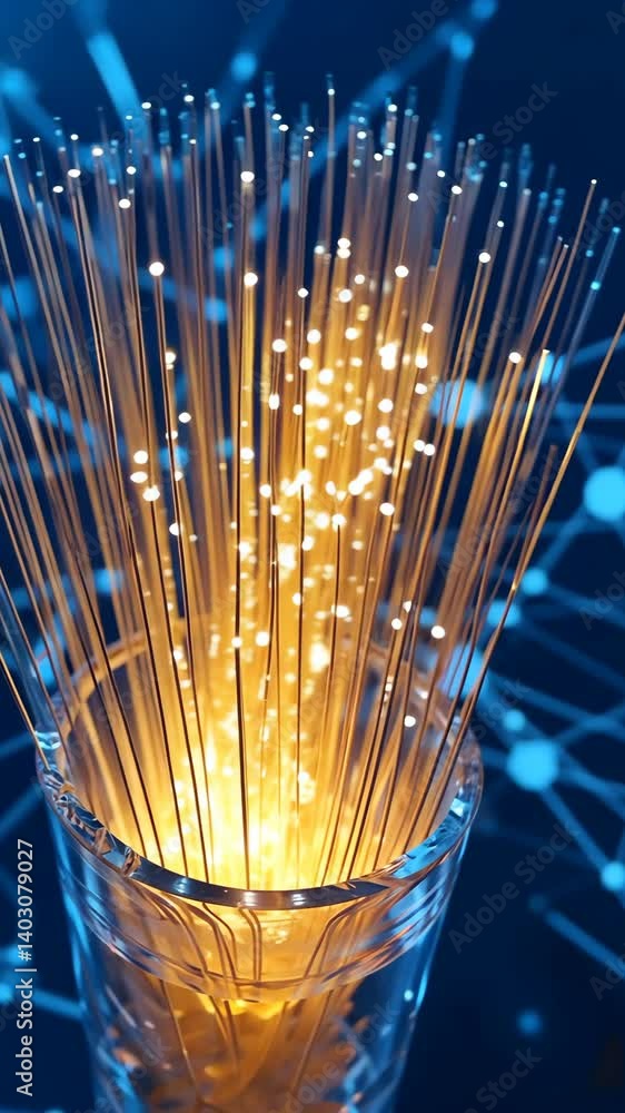 Poster illuminated fiber optic cables glowing inside glass, representing high speed data and networking tec
