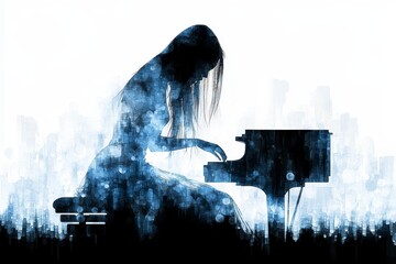 Melancholy Musician at a Grand Piano Blue and White Watercolor Cityscape