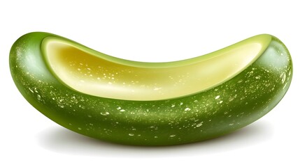 A halved green zucchini, meticulously detailed, showcasing its vibrant color and fresh texture against a stark white backdrop. The inside is pale yellow-green.