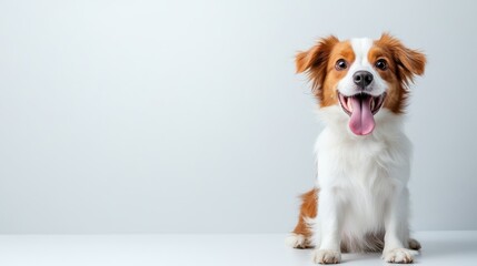 This delightful image features a joyful dog, grinning widely while sitting on a pristine background, radiating charm and happiness, making it perfect for pet lovers.