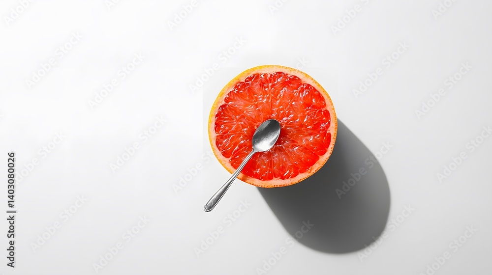 Aufkleber a halved grapefruit with a small spoon resting inside, sits on a white background. the vibrant red s