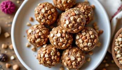 Obraz premium Making nutty energy bites at home kitchen recipe cozy atmosphere aerial view healthy snack concept