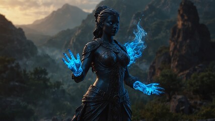 A statue of Senphia, with blue fire in her palm, casting light into the valley of the forgotten