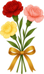 리본으로 묶은 빨강, 핑크, 노랑 카네이션 꽃 세 송이, 어버이날 선물, generative AI.