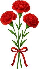 빨간 리본으로 묶은 레드 카네이션 꽃 세 송이, 어버이날 선물, generative AI.