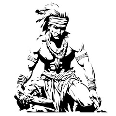 Powerful Warrior Figure with Traditional Adornments Sitting in Meditation Pose for Design Use