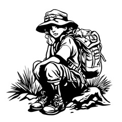 Fototapeta premium Outdoor Adventure Silhouette of Hiker with Backpack Sitting on Rock in Nature